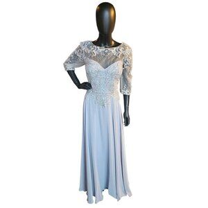 Silver Long Sleeve Illusion Bodice Maxi Formal Evening Gown - Madaline Gardner N